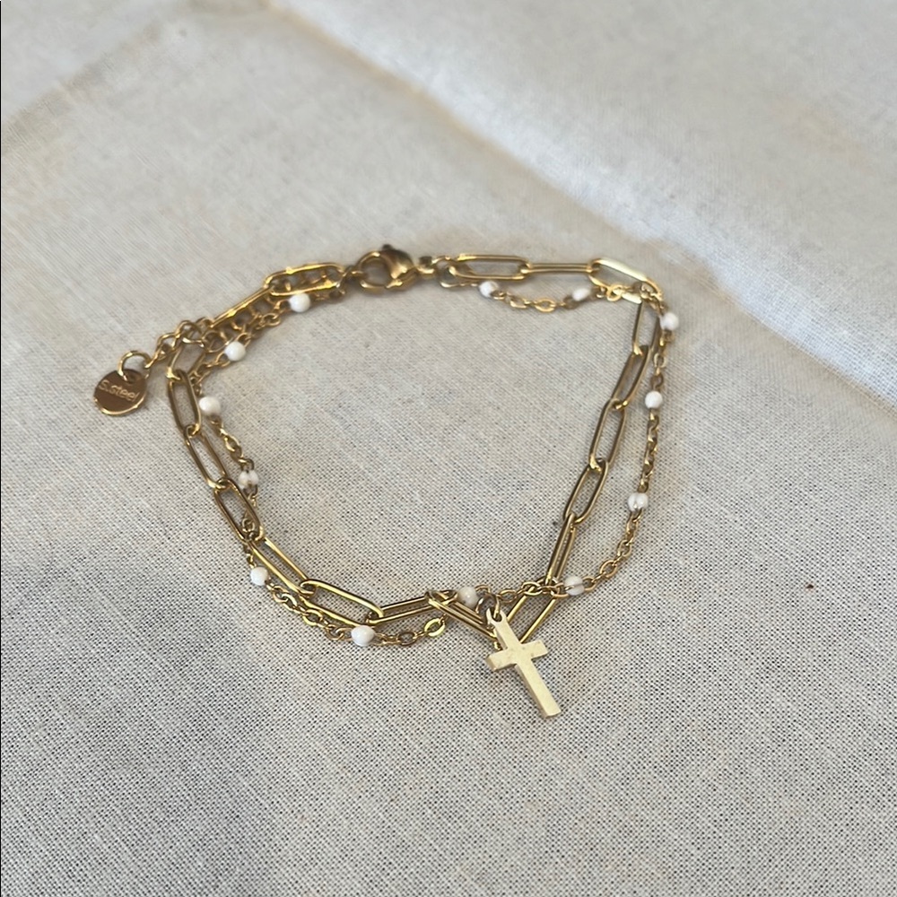 Gold Cross Charm Bracelet with Pearl Accents